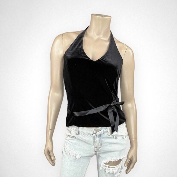 Vintage 90s XSCAPE Black Velvet Halter Halter Top with Ribbon Tie 8 - Picture 1 of 10